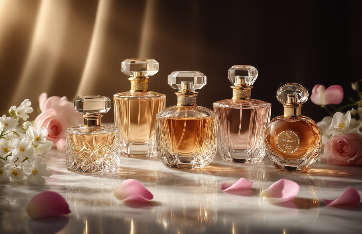 Why Roja Perfumes Cost $500+ And Are Still Flying Off Shelves (Industry Insiders Reveal All) Create a realistic image of an elegant luxury perfume display featuring multiple ornate crystal and gold perfume bottles of varying sizes and shapes arranged on a polished marble surface, with soft warm lighting creating subtle reflections and shadows, surrounded by delicate floral elements like rose petals and jasmine flowers, set against a sophisticated dark velvet background, conveying an atmosphere of premium luxury and exclusivity, absolutely NO text should be in the scene.