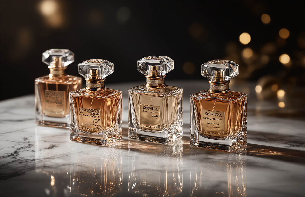 Why Roja Perfumes Cost $500+ And Are Still Flying Off Shelves (Industry Insiders Reveal All) Create a realistic image of an elegant luxury perfume collection display featuring multiple ornate Roja perfume bottles with crystal-like caps and gold accents arranged on a polished marble surface, with soft ambient lighting creating gentle reflections, a sophisticated dark background with subtle bokeh effects, and delicate shadows emphasizing the premium quality and investment value of the fragrances, absolutely NO text should be in the scene.