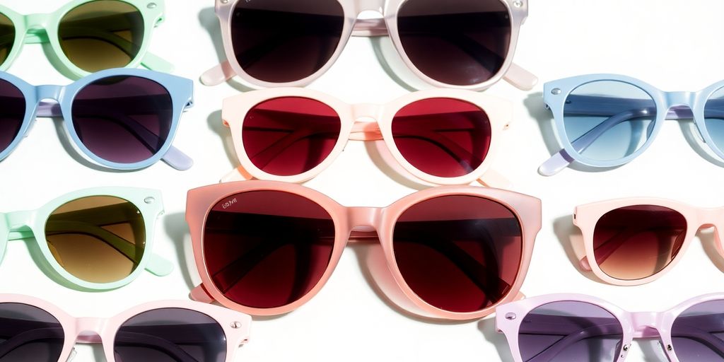What colors are in fashion for Trendy sunglasses this season? Collection of trendy pastel sunglasses on a light background.