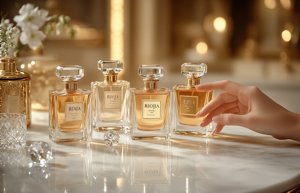 Why Roja Perfumes Cost $500+ And Are Still Flying Off Shelves (Industry Insiders Reveal All) Create a realistic image of an elegant perfume selection scene featuring multiple luxury Roja perfume bottles displayed on a pristine white marble surface, with soft golden lighting creating subtle reflections on the glass bottles, delicate crystal perfume atomizers scattered nearby, a single white woman's hand gracefully reaching toward one of the ornate bottles as if making a selection, warm ambient lighting creating a luxurious boutique atmosphere, shallow depth of field focusing on the perfume collection with a softly blurred sophisticated interior background, absolutely NO text should be in the scene.