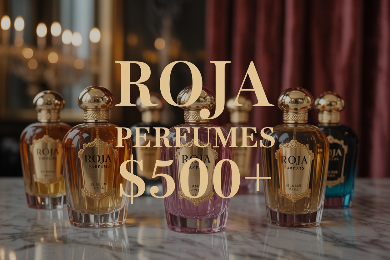 Why Roja Perfumes Cost $500+ And Are Still Flying Off Shelves (Industry Insiders Reveal All) Create a realistic image of an elegant luxury perfume display featuring multiple ornate Roja Parfums bottles with golden caps and crystal-clear glass arranged on a marble surface, with soft warm lighting creating subtle shadows and reflections, a blurred background of rich burgundy velvet drapes, and the text "ROJA PERFUMES $500+" elegantly overlaid in gold serif font, conveying an atmosphere of exclusivity and premium luxury.