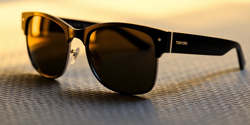 Where to buy authentic Tom Ford sunglasses online? Tom Ford sunglasses on a textured surface with soft light.