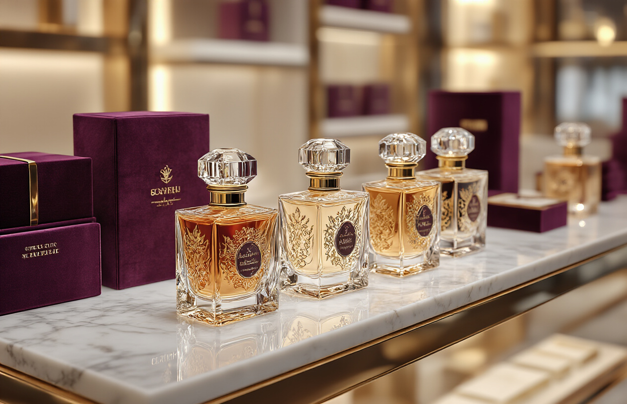 Why Roja Perfumes Cost $500+ And Are Still Flying Off Shelves (Industry Insiders Reveal All) Create a realistic image of an elegant luxury perfume display showcasing ornate crystal perfume bottles with golden caps and intricate designs, arranged on a polished marble surface in an upscale boutique setting, with soft warm lighting creating subtle reflections on the bottles, surrounded by rich velvet display materials and premium packaging boxes, conveying an atmosphere of exclusivity and craftsmanship in a sophisticated retail environment, absolutely NO text should be in the scene.