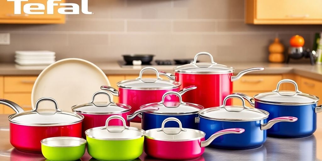 Best Tefal Cookware for Every Kitchen Colorful Tefal cookware sets in a modern kitchen setting.