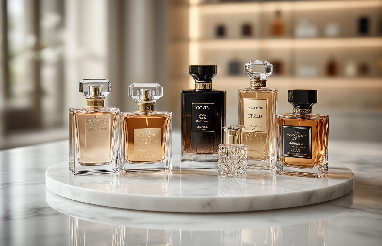 Why Roja Perfumes Cost $500+ And Are Still Flying Off Shelves (Industry Insiders Reveal All) Create a realistic image of an elegant luxury perfume comparison display featuring multiple high-end fragrance bottles arranged on a pristine white marble surface, with Roja perfume bottles prominently positioned alongside other luxury brands like Tom Ford, Creed, and Maison Francis Kurkdjian, each bottle showcasing distinct elegant packaging and crystal-cut designs, soft natural lighting creating subtle reflections on the glass surfaces, minimalist upscale boutique background with blurred shelving, sophisticated and refined mood emphasizing premium quality and exclusivity, absolutely NO text should be in the scene.