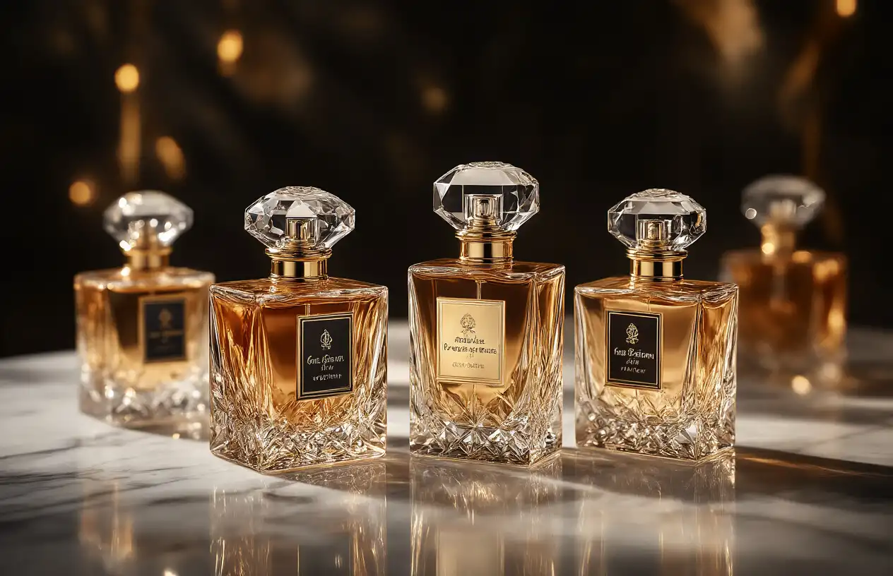 Why Roja Perfumes Cost $500+ And Are Still Flying Off Shelves (Industry Insiders Reveal All) Create a realistic image of an elegant luxury perfume display featuring several ornate Roja Parfums bottles with intricate crystal-like caps and gold detailing arranged on a polished marble surface, surrounded by subtle ambient lighting that creates warm golden reflections, with soft shadows and a sophisticated dark background that emphasizes the premium nature and craftsmanship of the fragrances, conveying exclusivity and high-end luxury without any people present, absolutely NO text should be in the scene.