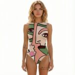 Swimming suit face patterned one piece colors