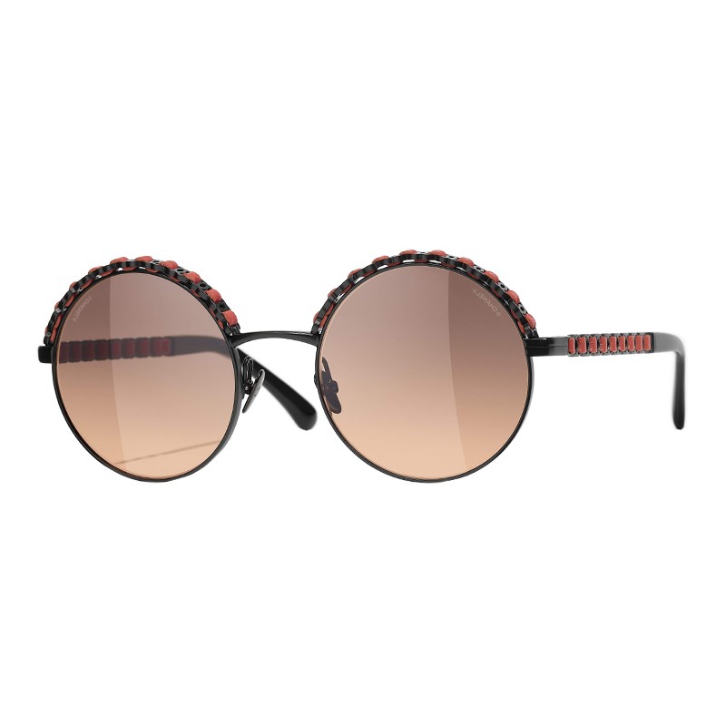 CHANEL Metal Calfskin Round Chain Sunglasses 4265-Q Black 790487