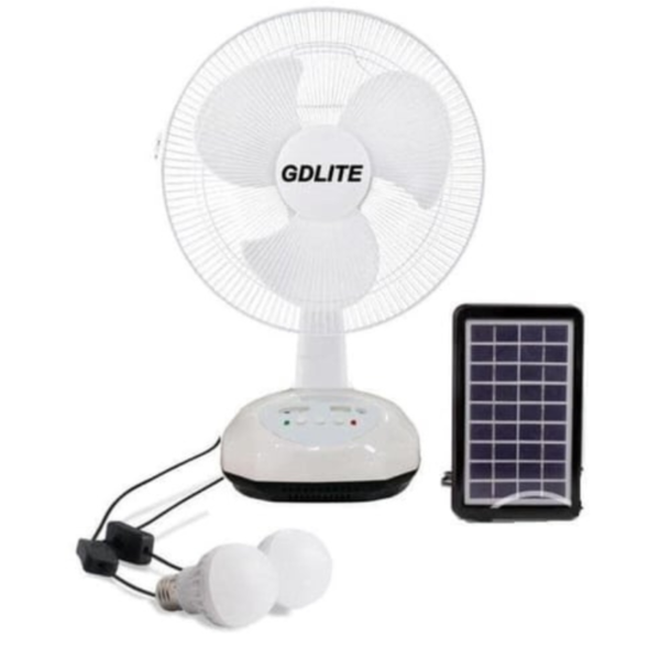 GDTIMES, 12″ INCH SOLAR RECHARGEABLE FAN WITH 2 LED BULBS, GD-8019