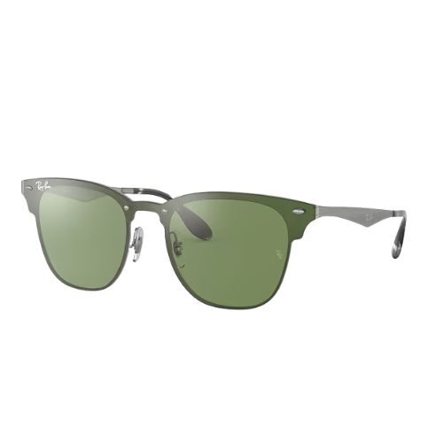 Ray-Ban Blaze Clubmaster RB3576N Polished Silver Frame with Dark Green Lens