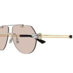 Bottega Veneta BV1342S 002 Sunglasses Shiny Silver & Gold with Light Brown Mirror Lens