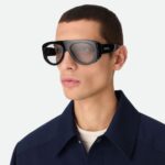 Bottega Veneta BV1362S 006 Shiny Black Pilot Sunglasses with Light Blue Lenses