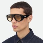 Bottega Veneta BV1362S 006 Shiny Black Pilot Sunglasses with Orange Lenses