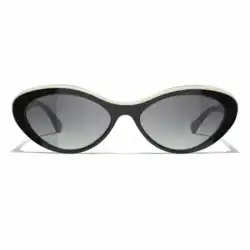 Shop Chanel CH5416 C1711S9 Polarized Oval Sunglasses featuring a black acetate frame with translucent ivory detailing, grey polarized lenses, Category 3 protection,