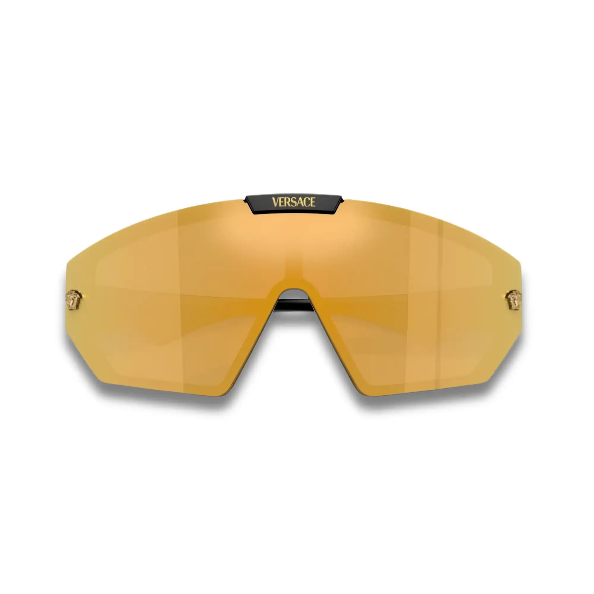 Versace VE4461 Shield Sunglasses – Black / Dark Grey with Gold Mirror Lenses Versace VE4461 Shield Sunglasses – Black / Dark Grey with Gold Mirror Lenses