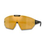 Versace VE4461 Shield Sunglasses – Black / Dark Grey with Gold Mirror Lenses