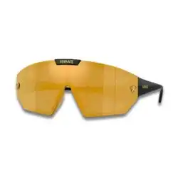 Versace VE4461 Shield Sunglasses – Black / Dark Grey with Gold Mirror Lenses